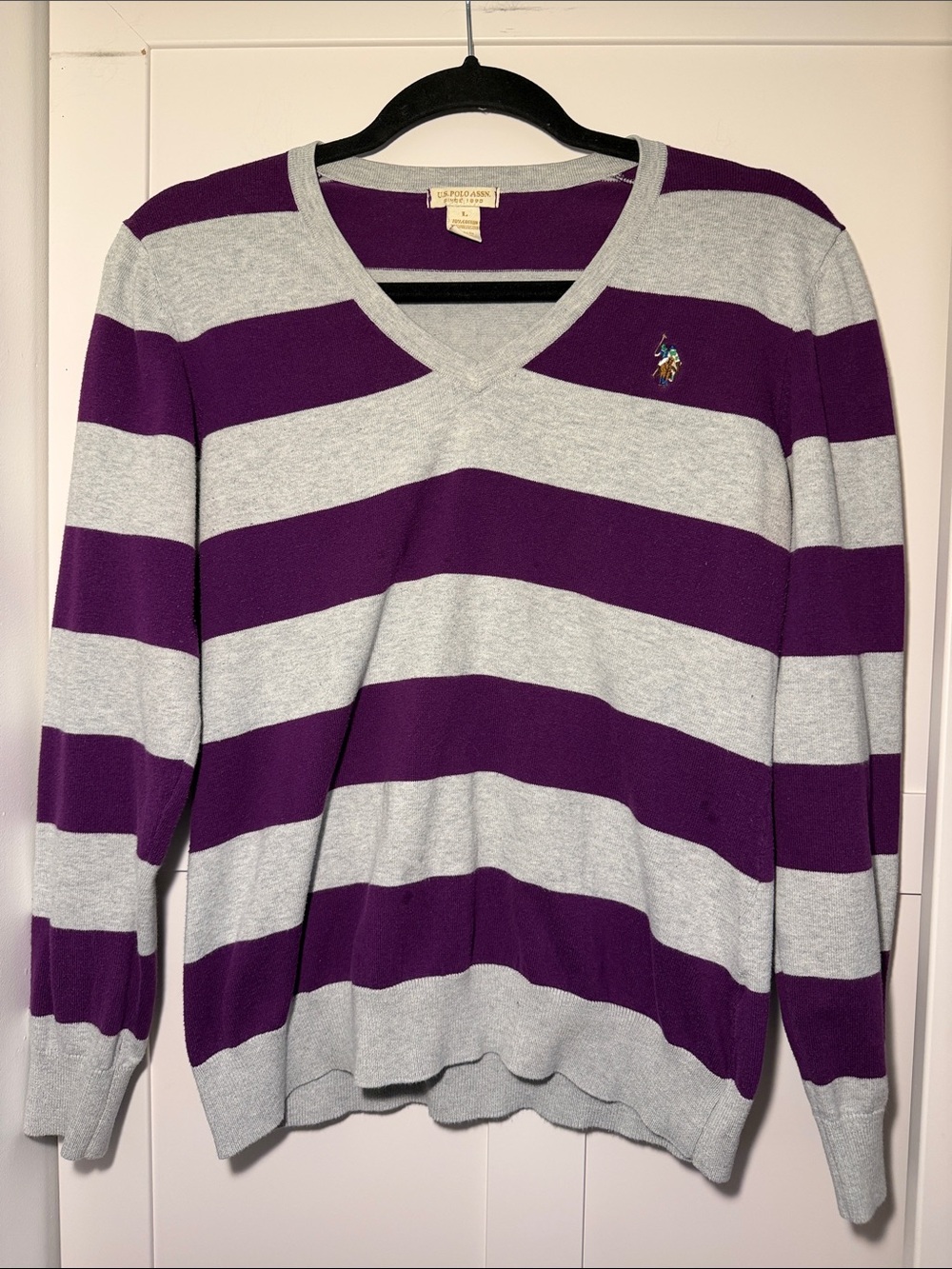 U.S. Polo Assn. Women's V-Neck Striped Sweater - Purple & Light Gray